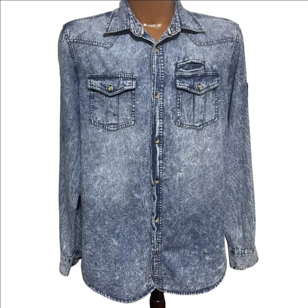 Triple Five Soul Acid Wash Blue Denim Chambray Button Down Shirt Lightweight EUC